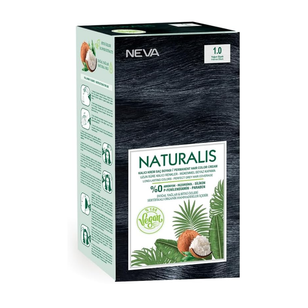 NEVA Naturalis Permanent Hair Dye Set, Vegan,100% Gray Coverage, Organic, No Harmful Chemicals, GMO-Free, Long-Lasting Shine, Intense Black 1.0