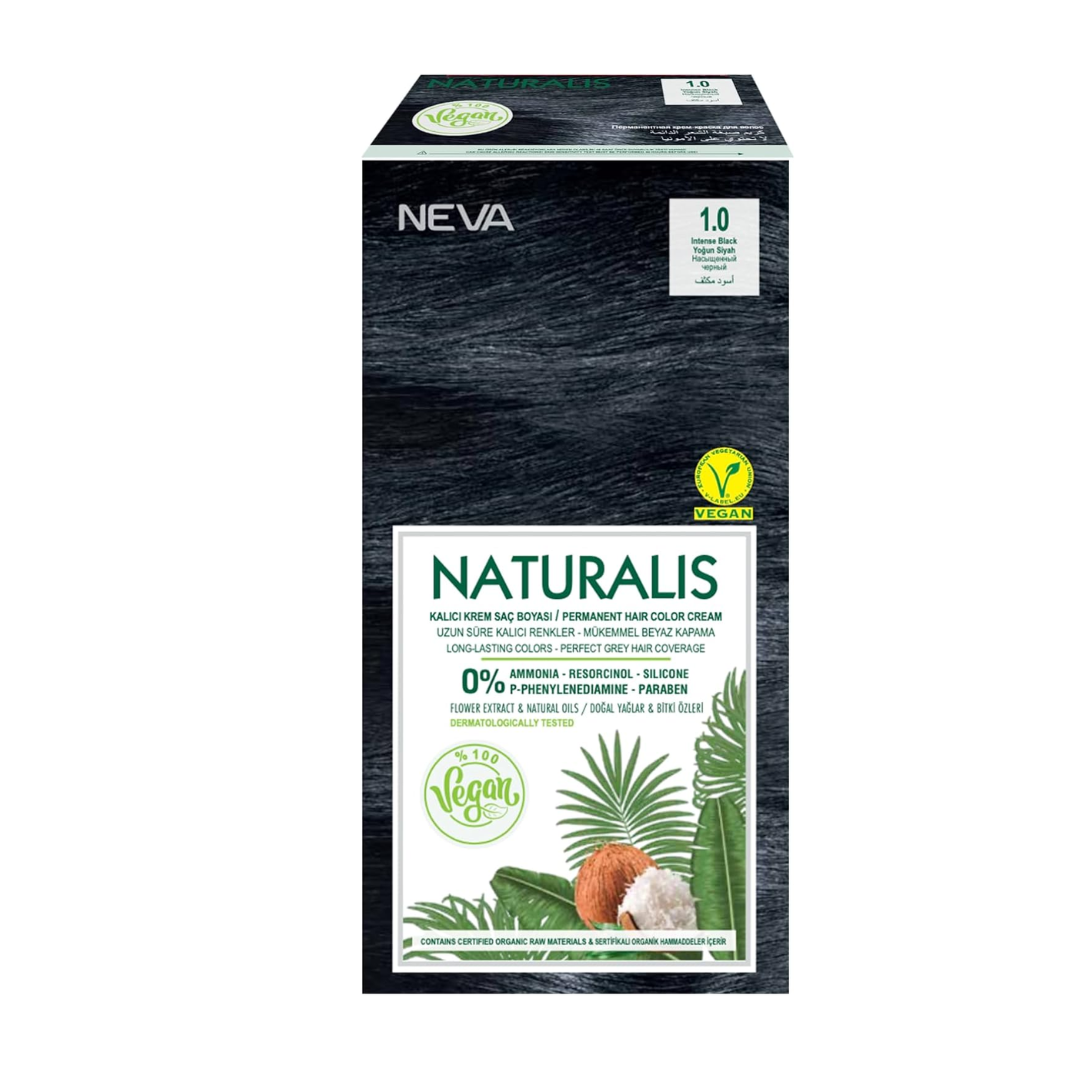 NEVA Naturalis Permanent Hair Dye Set, Vegan,100% Gray Coverage, Organic, No Harmful Chemicals, GMO-Free, Long-Lasting Shine, Intense Black 1.0