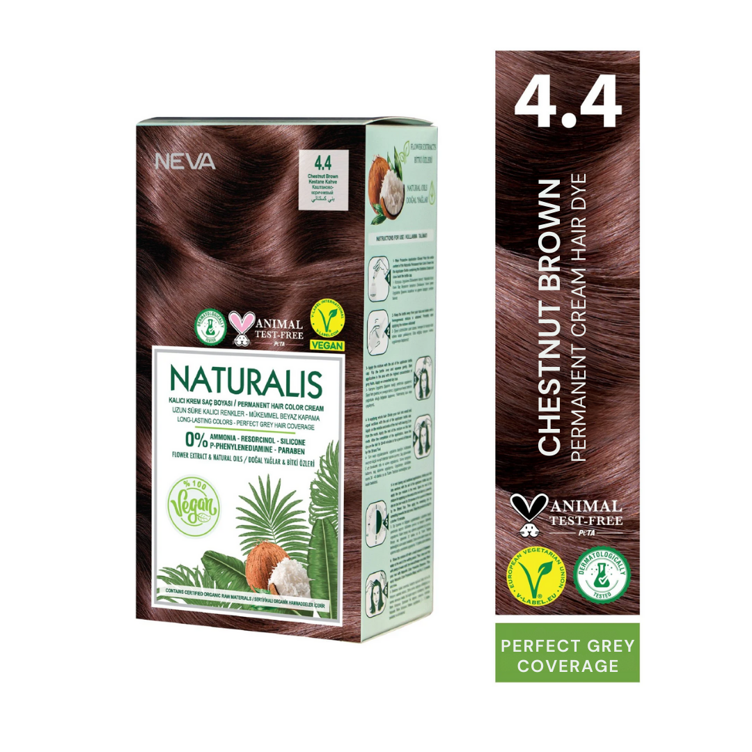 NEVA Naturalis Permanent Hair Dye Set, Vegan,100% Gray Coverage, Organic, No Harmful Chemicals, GMO-Free, Long-Lasting Shine, CHESTNUT BROWN - 4.4