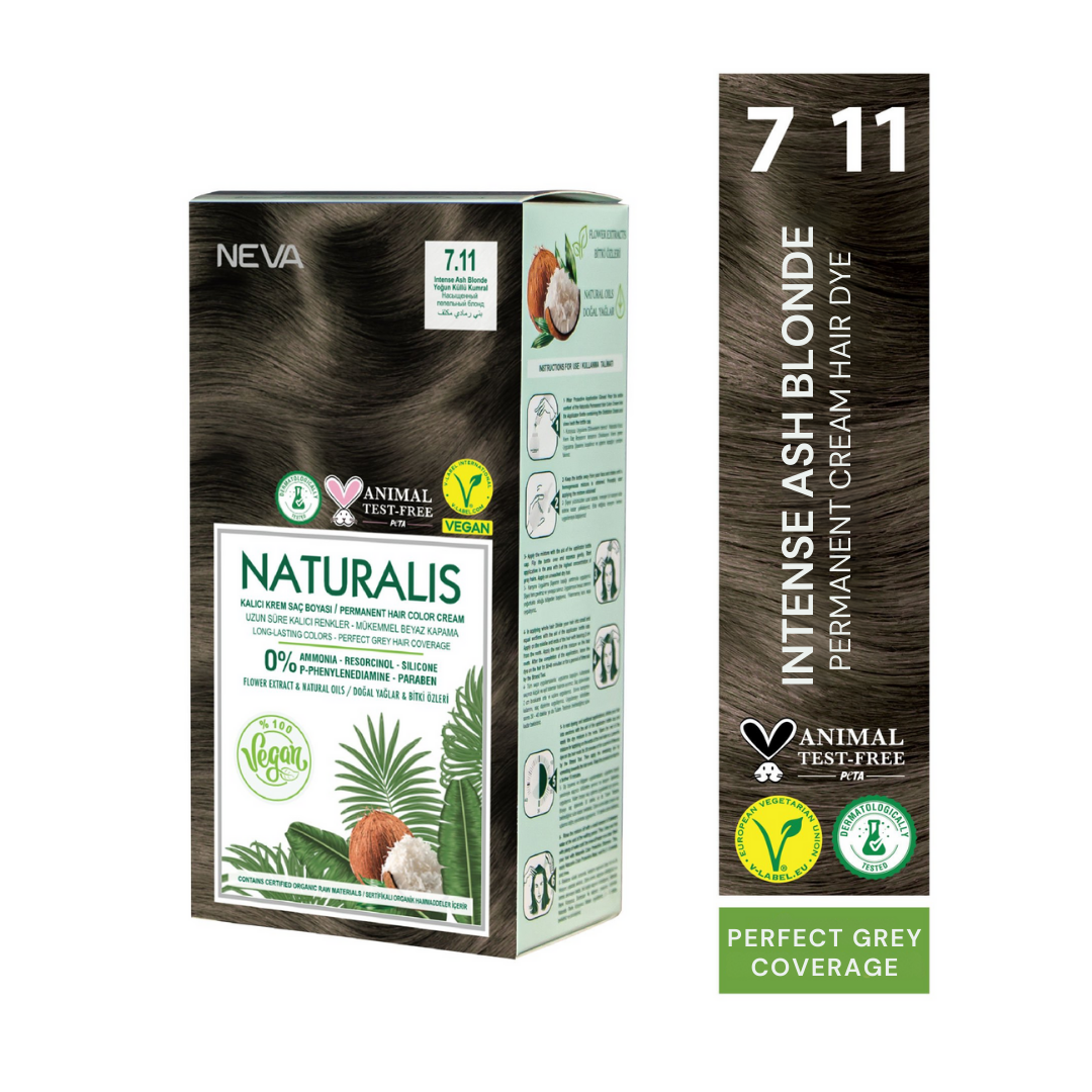 NEVA Naturalis Permanent Hair Dye Set, Vegan,100% Gray Coverage, Organic, No Harmful Chemicals, GMO-Free, Long-Lasting Shine - INTENSE ASH BLONDE - 7.11