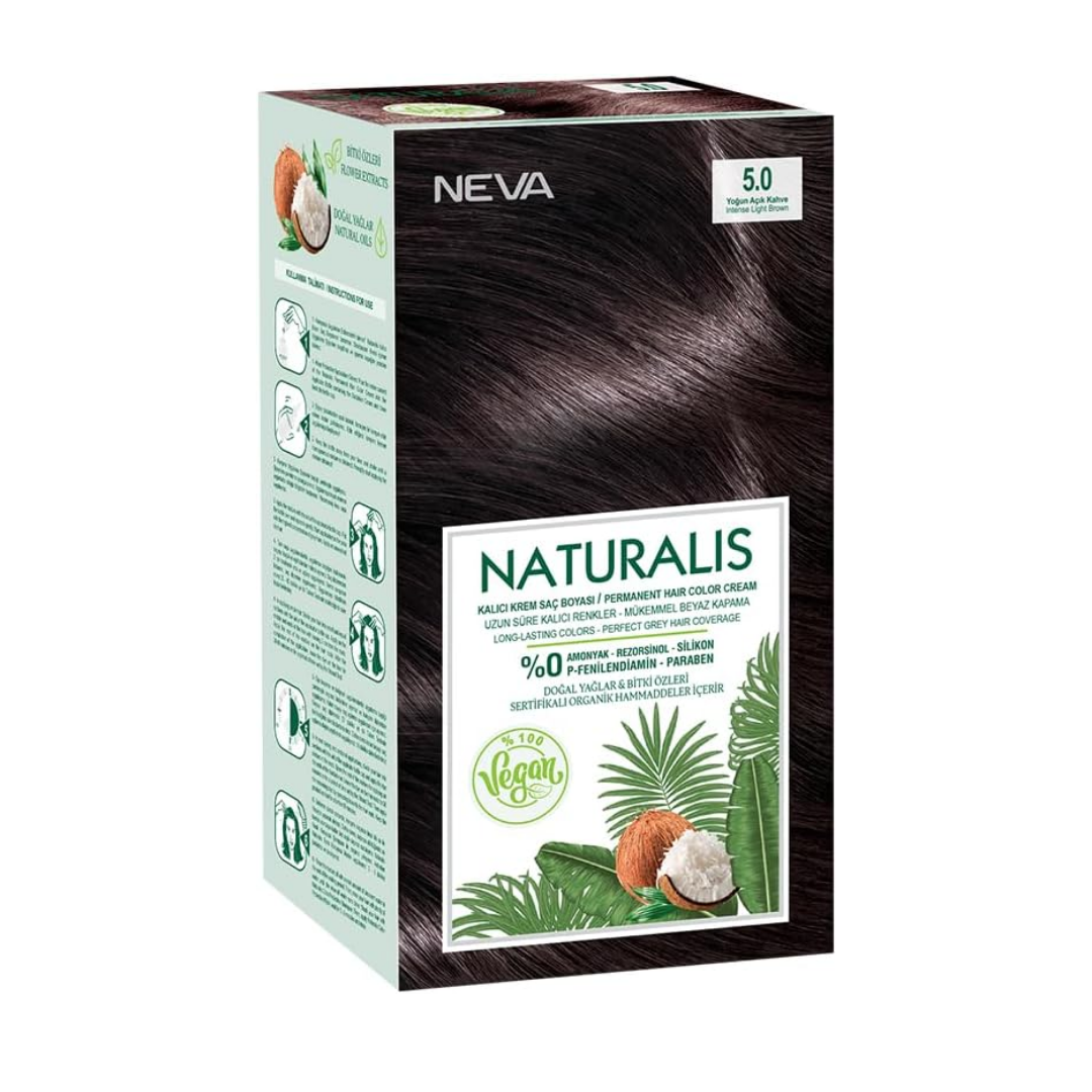 NEVA Naturalis Permanent Hair Dye Set, Vegan,100% Gray Coverage, Organic, No Harmful Chemicals, GMO-Free, Long-Lasting Shine, INTENSE LIGHT BROWN - 5.0