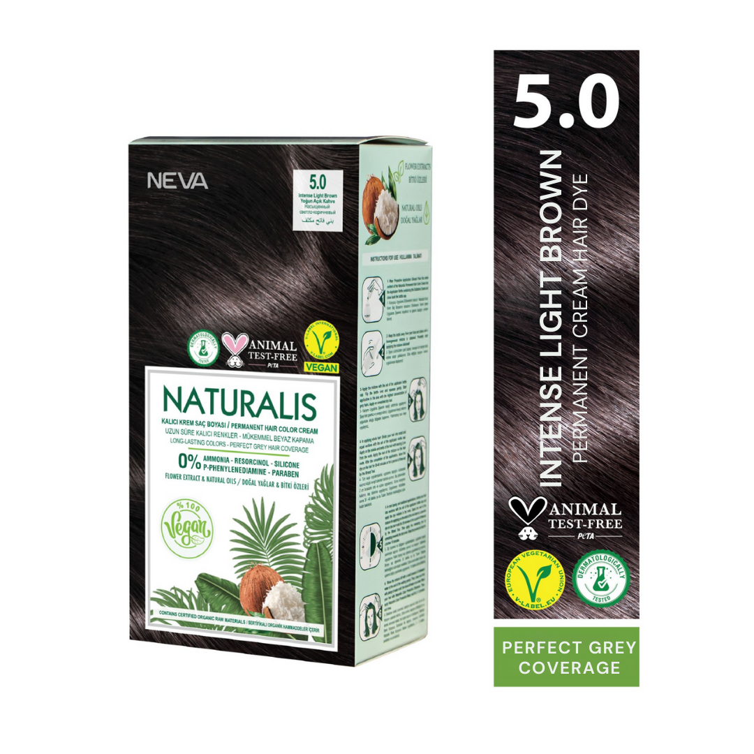 NEVA Naturalis Permanent Hair Dye Set, Vegan,100% Gray Coverage, Organic, No Harmful Chemicals, GMO-Free, Long-Lasting Shine, INTENSE LIGHT BROWN - 5.0