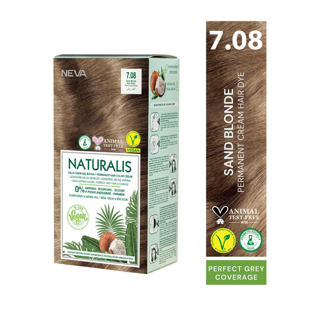 NEVA Naturalis Permanent Hair Dye Set, Vegan,100% Gray Coverage, Organic, No Harmful Chemicals, GMO-Free, Long-Lasting Shine - SAND BLONDE - 7.08