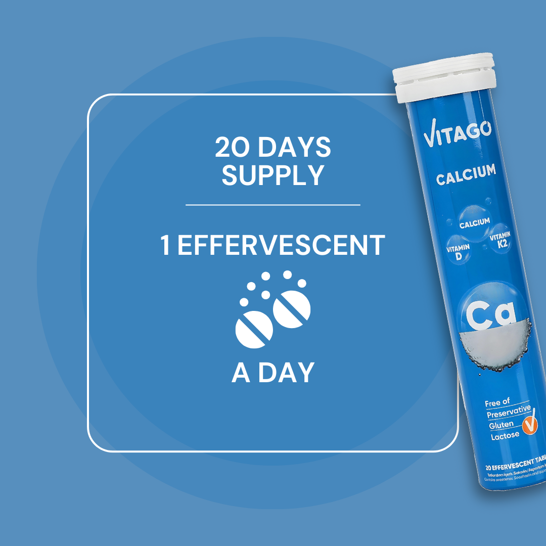 Vitago Calcium Effervescent Tablet, Vitamin D3, K2, High Absorption Calcium, Strong Bones and Teeth - 20 Tablets