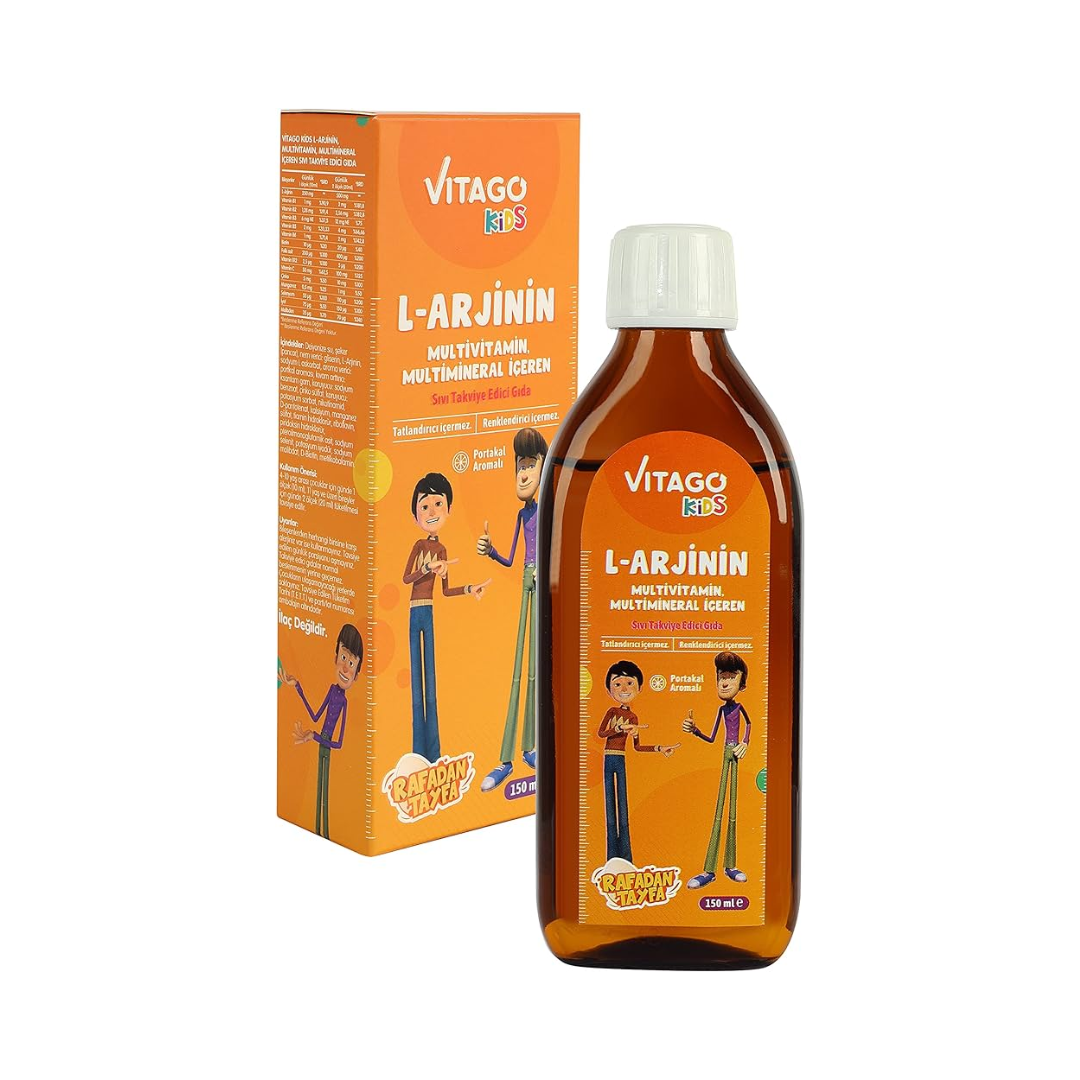 Vitago Kids L-Arginine Multivitamin Liquid for Boy, Orange Flavored - 150ml, Boosts Growth & Energy, Complete Nutrition