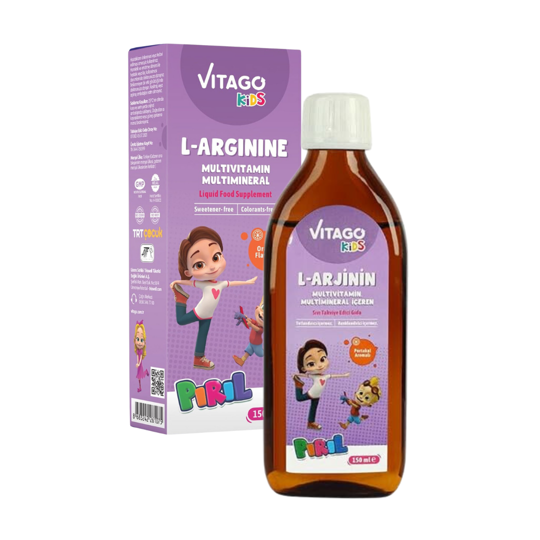 Vitago Kids L-Arginine Multivitamin Liquid for Girl, Orange Flavored - 150ml, Boosts Growth & Energy, Complete Nutrition