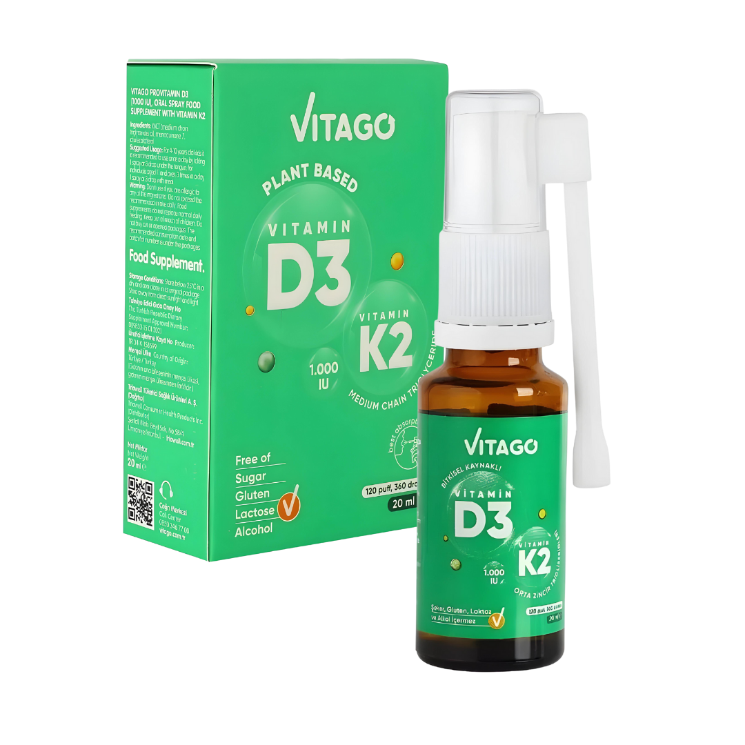 Vitago Plant-Based D3 Spray with K2-1000 IU - 20ml, Drops/Spray, High Bioavailability, Supports Bone & Immune Health