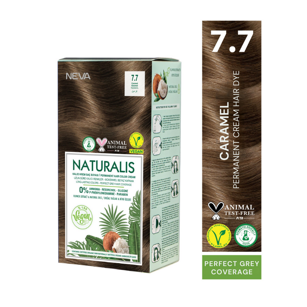 NEVA Naturalis Permanent Hair Dye Set, Vegan,100% Gray Coverage, Organic, No Harmful Chemicals, GMO-Free, Long-Lasting Shine - CARAMEL - 7.7