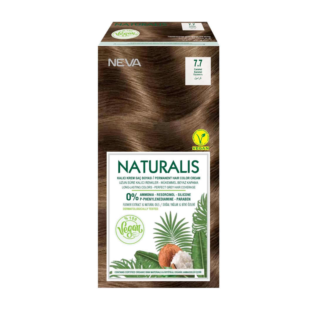 NEVA Naturalis Permanent Hair Dye Set, Vegan,100% Gray Coverage, Organic, No Harmful Chemicals, GMO-Free, Long-Lasting Shine - CARAMEL - 7.7