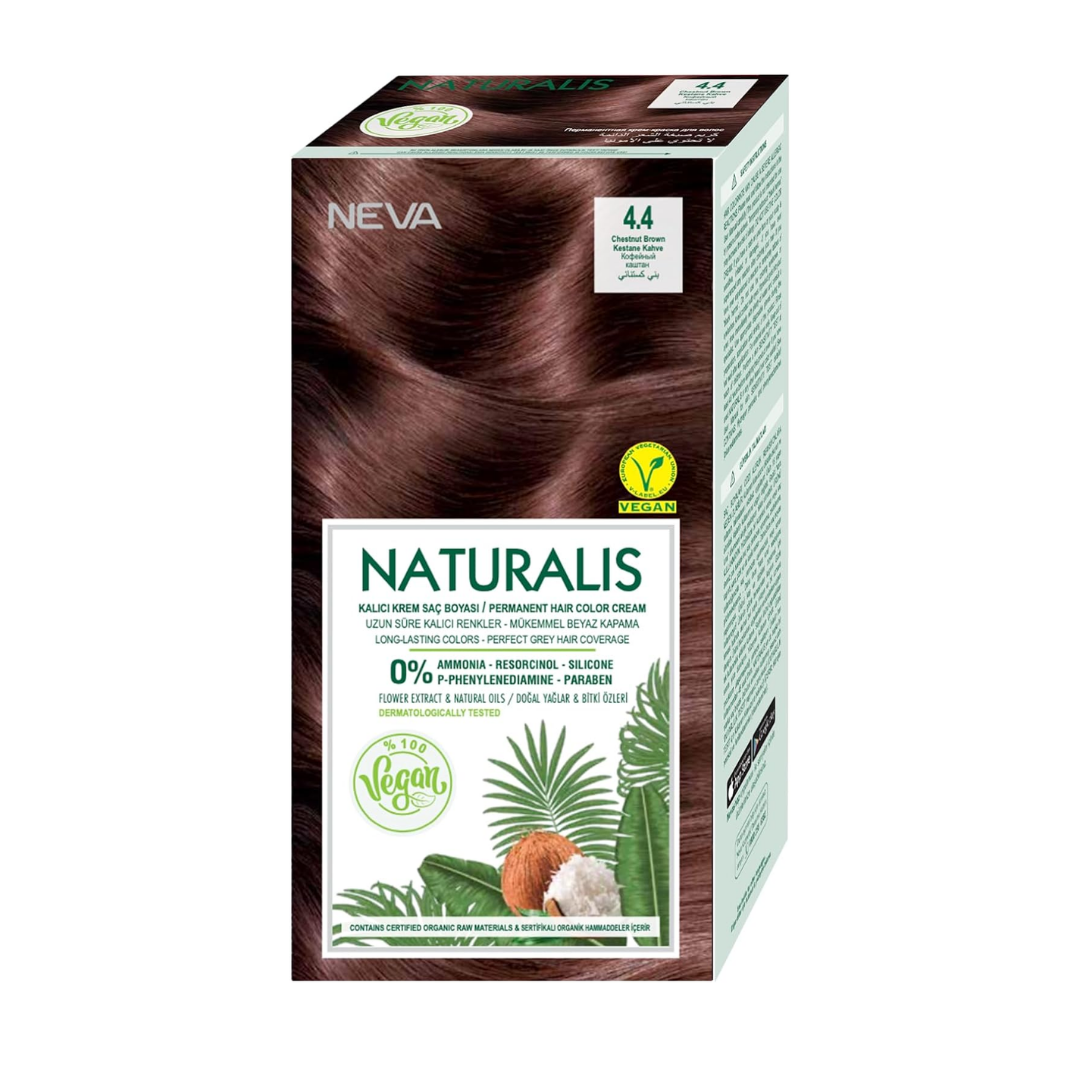NEVA Naturalis Permanent Hair Dye Set, Vegan,100% Gray Coverage, Organic, No Harmful Chemicals, GMO-Free, Long-Lasting Shine, CHESTNUT BROWN - 4.4
