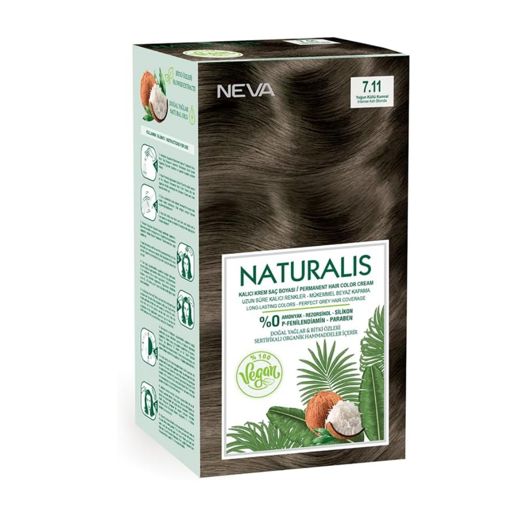 NEVA Naturalis Permanent Hair Dye Set, Vegan,100% Gray Coverage, Organic, No Harmful Chemicals, GMO-Free, Long-Lasting Shine - INTENSE ASH BLONDE - 7.11