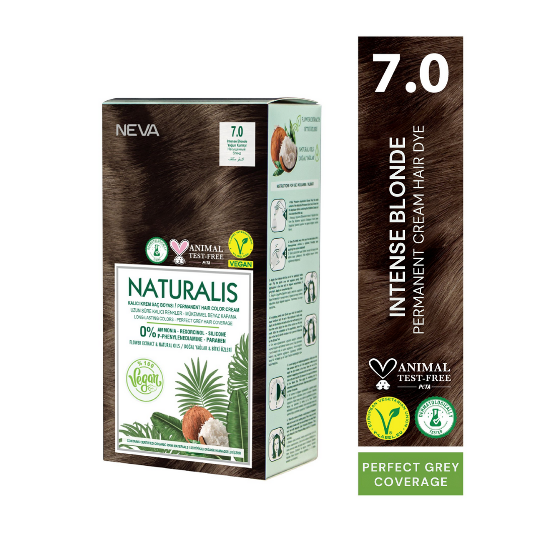 NEVA Naturalis Permanent Hair Dye Set, Vegan,100% Gray Coverage, Organic, No Harmful Chemicals, GMO-Free, Long-Lasting Shine - INTENSE BLONDE - 7.0