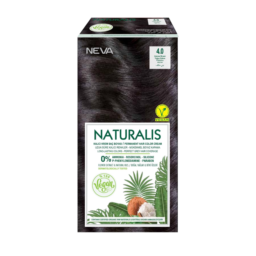 NEVA Naturalis Permanent Hair Dye Set, Vegan,100% Gray Coverage, Organic, No Harmful Chemicals, GMO-Free, Long-Lasting Shine - INTENSE BROWN - 4.0