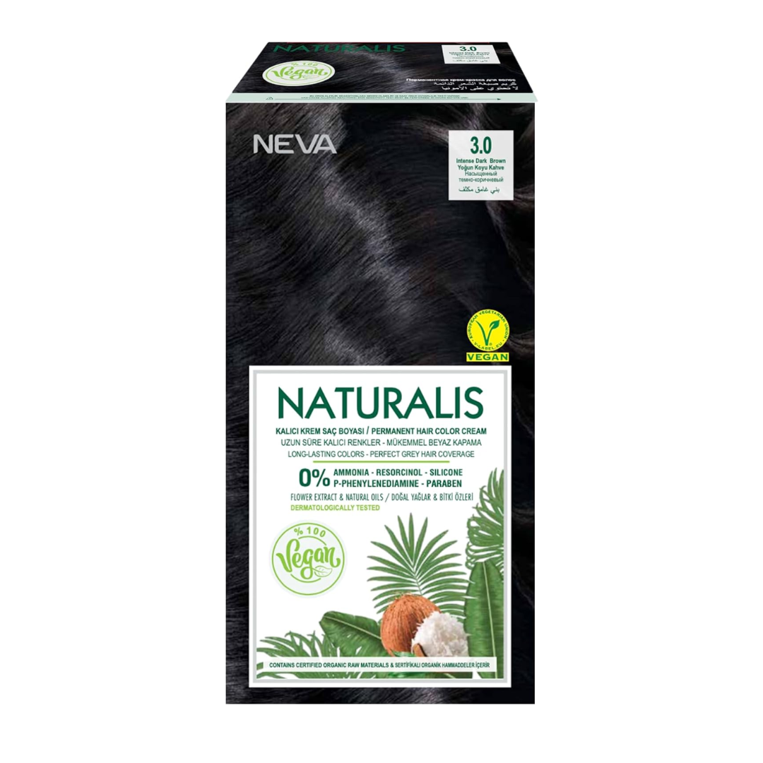 NEVA Naturalis Permanent Hair Dye Set, Vegan,100% Gray Coverage, Organic, No Harmful Chemicals, GMO-Free, Long-Lasting Shine, Intense Dark Brown 3.0