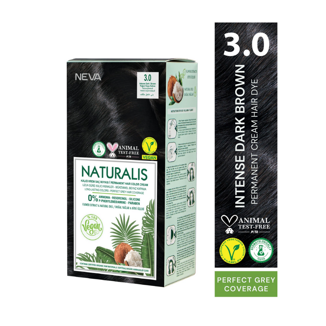 NEVA Naturalis Permanent Hair Dye Set, Vegan,100% Gray Coverage, Organic, No Harmful Chemicals, GMO-Free, Long-Lasting Shine, Intense Dark Brown 3.0