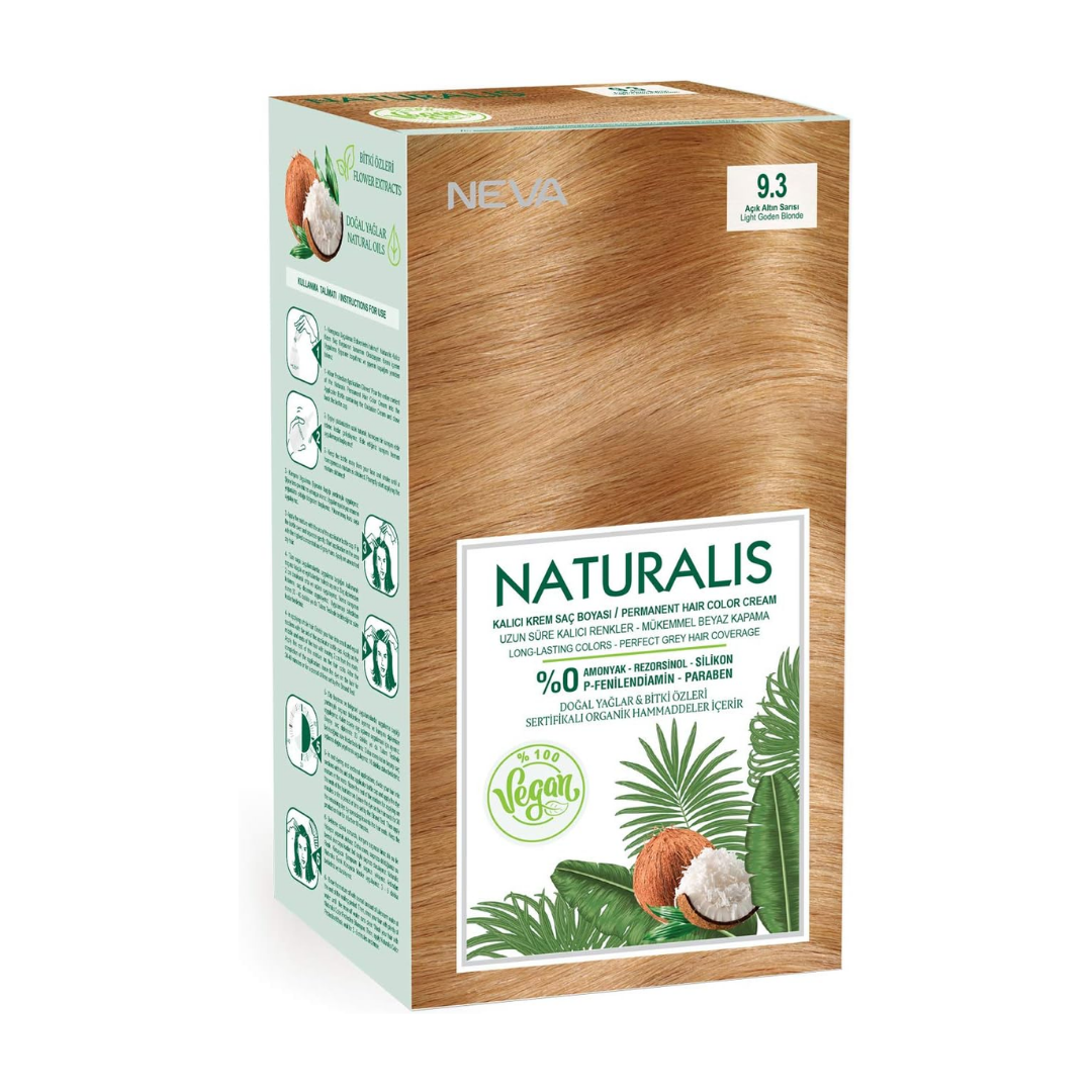 NEVA Naturalis Permanent Hair Dye Set, Vegan,100% Gray Coverage, Organic, No Harmful Chemicals, GMO-Free, Long-Lasting Shine - LIGHT GOLDEN BLONDE - 9.3