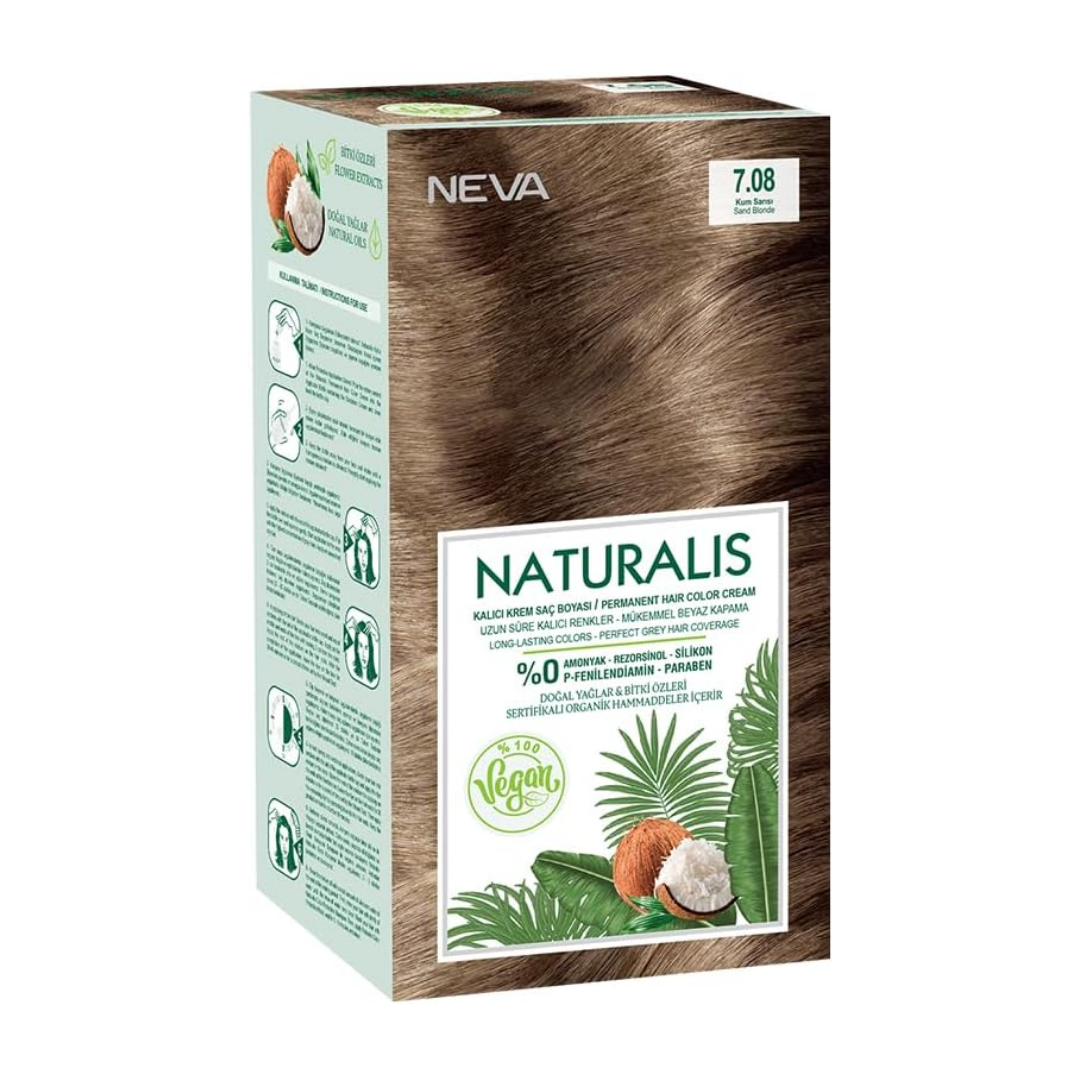 NEVA Naturalis Permanent Hair Dye Set, Vegan,100% Gray Coverage, Organic, No Harmful Chemicals, GMO-Free, Long-Lasting Shine - SAND BLONDE - 7.08